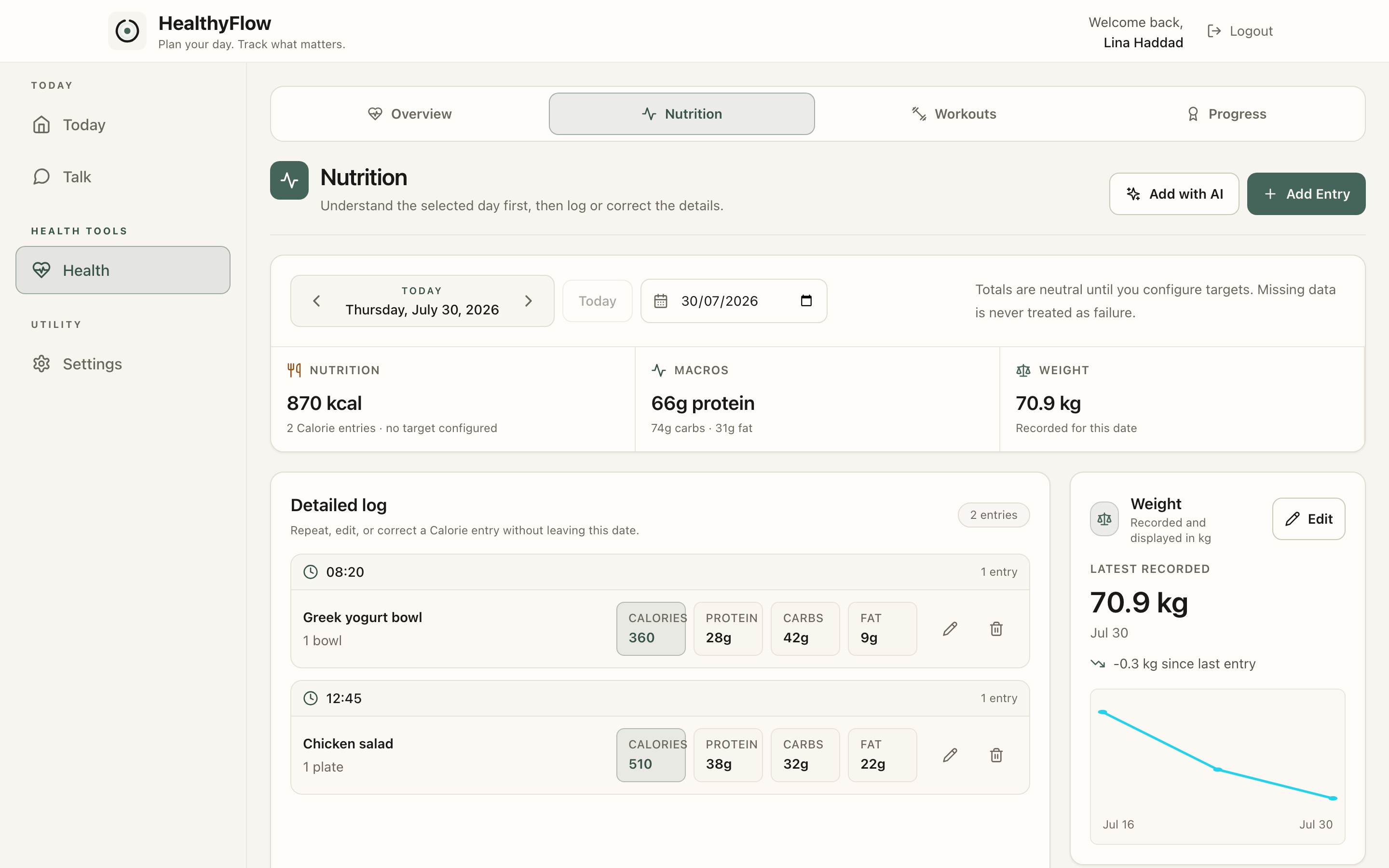 Calorie log and weight tracking in HealthyFlow