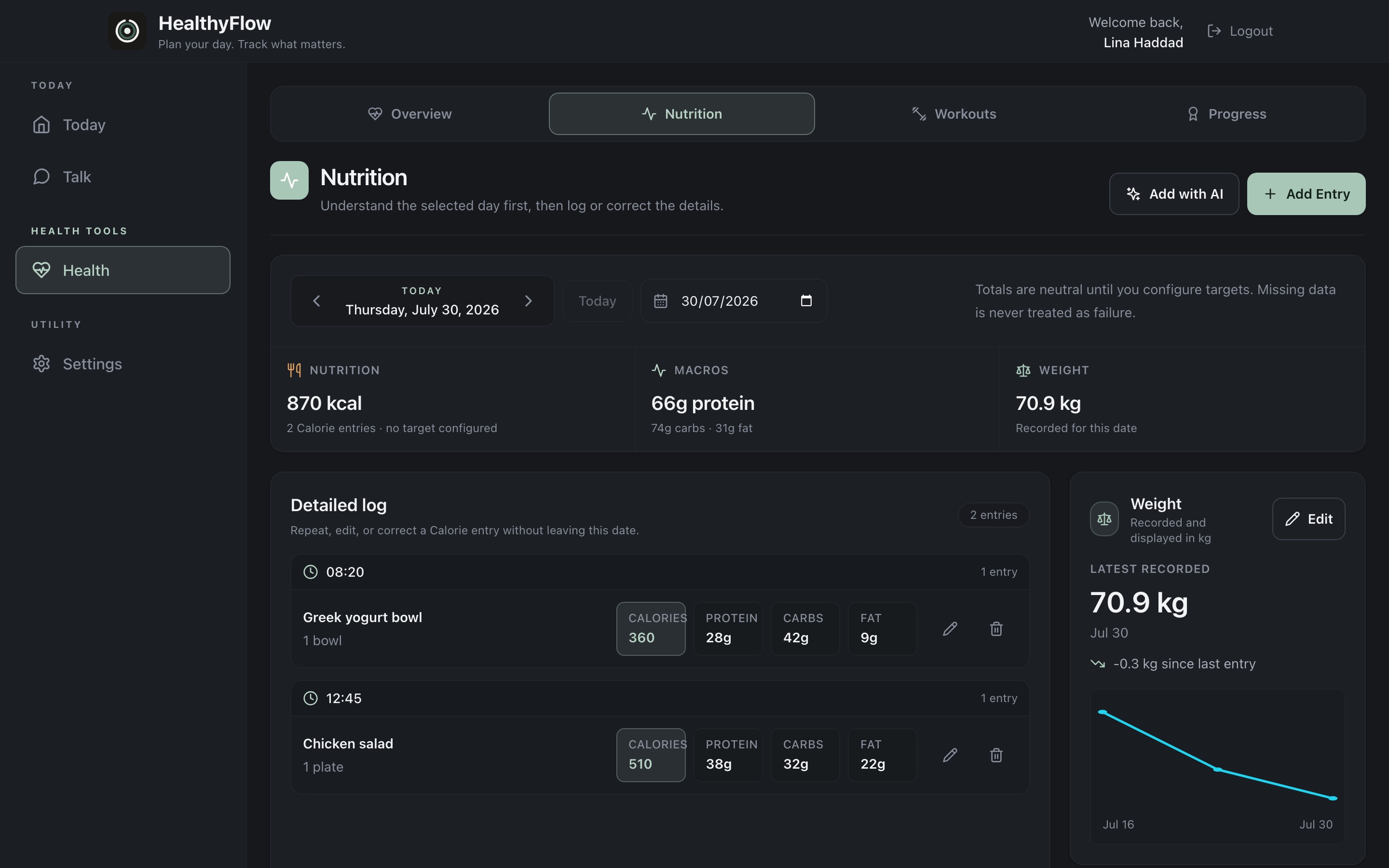 Calorie log and weight tracking in HealthyFlow