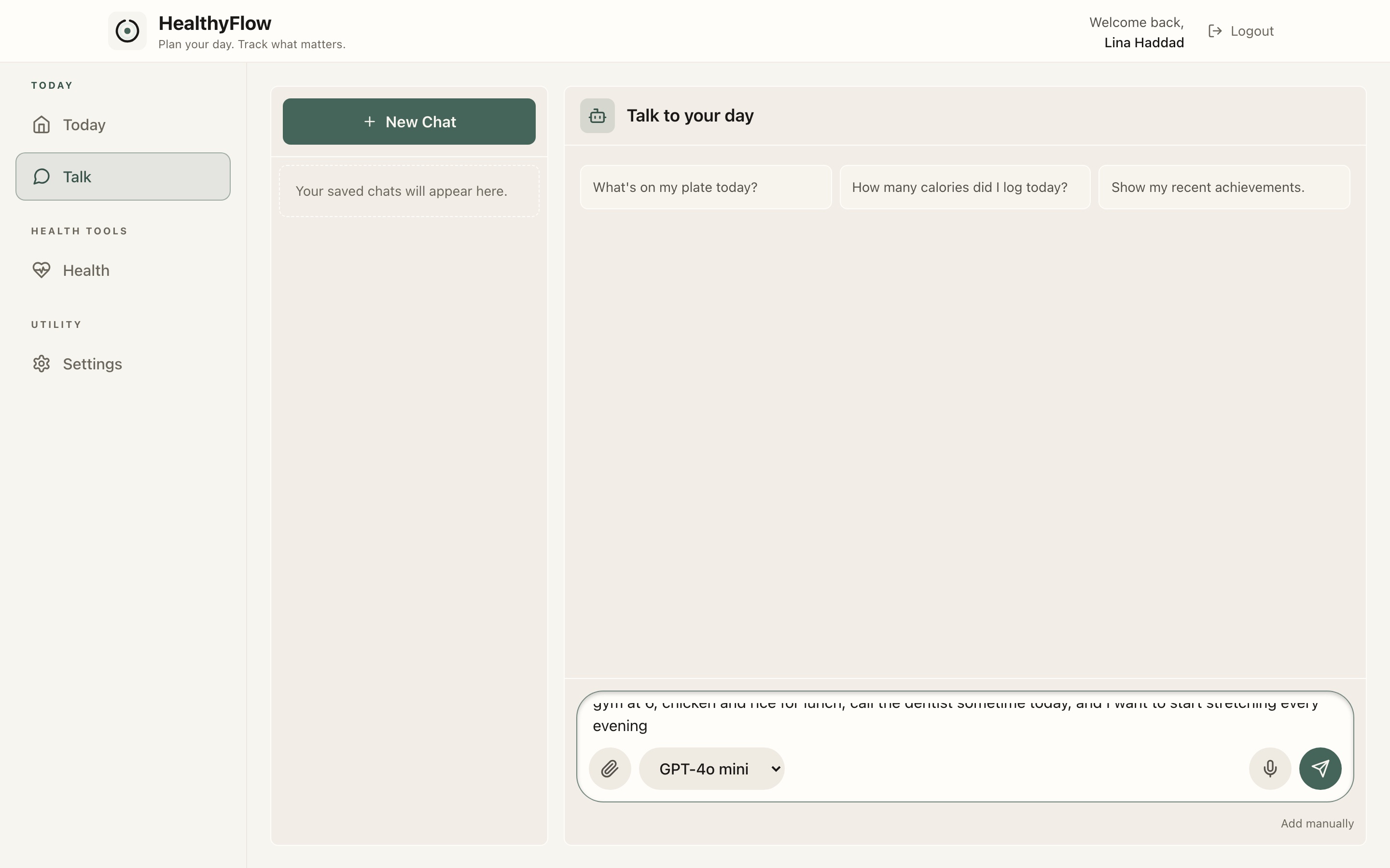 Adding items with Talk in HealthyFlow