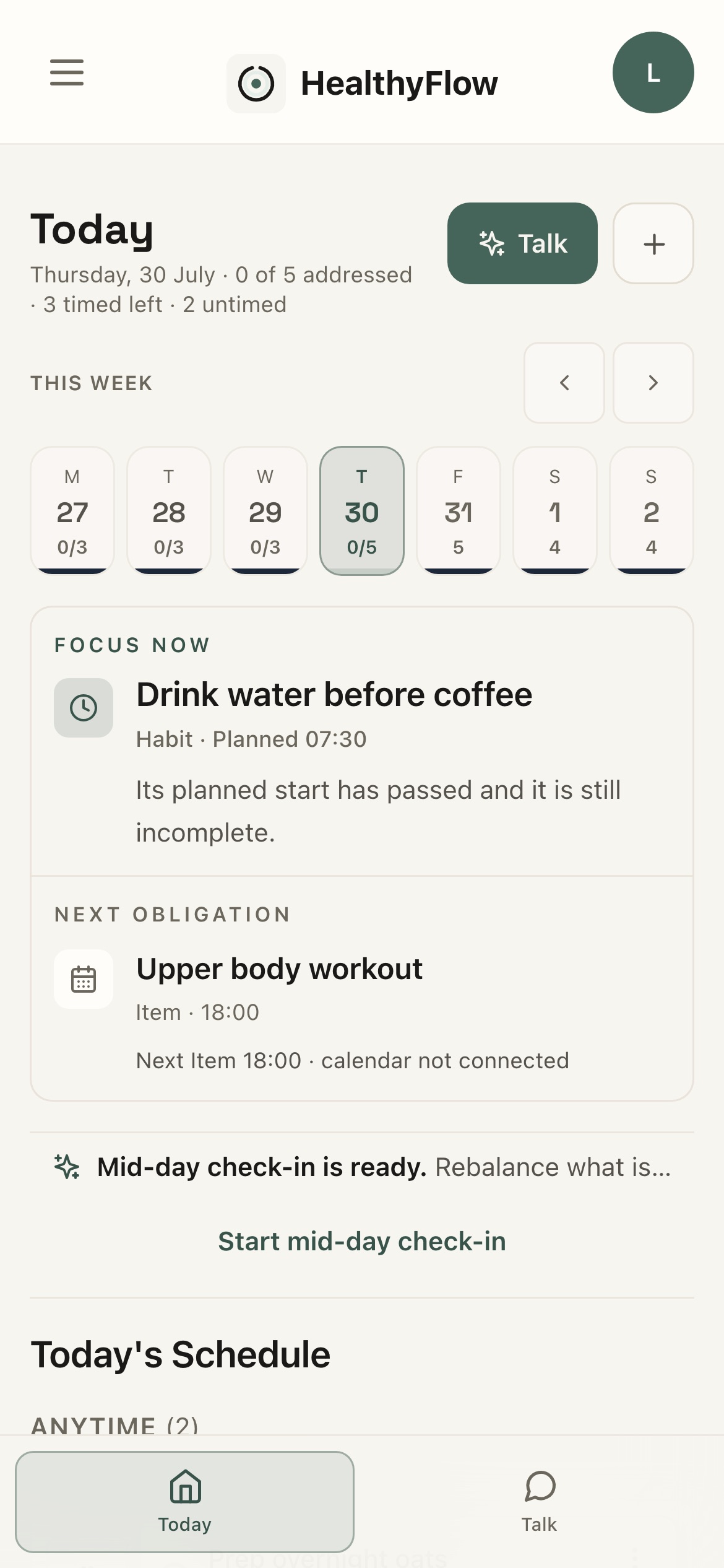 HealthyFlow Today view — one timeline holding tasks, habits, meals and workouts