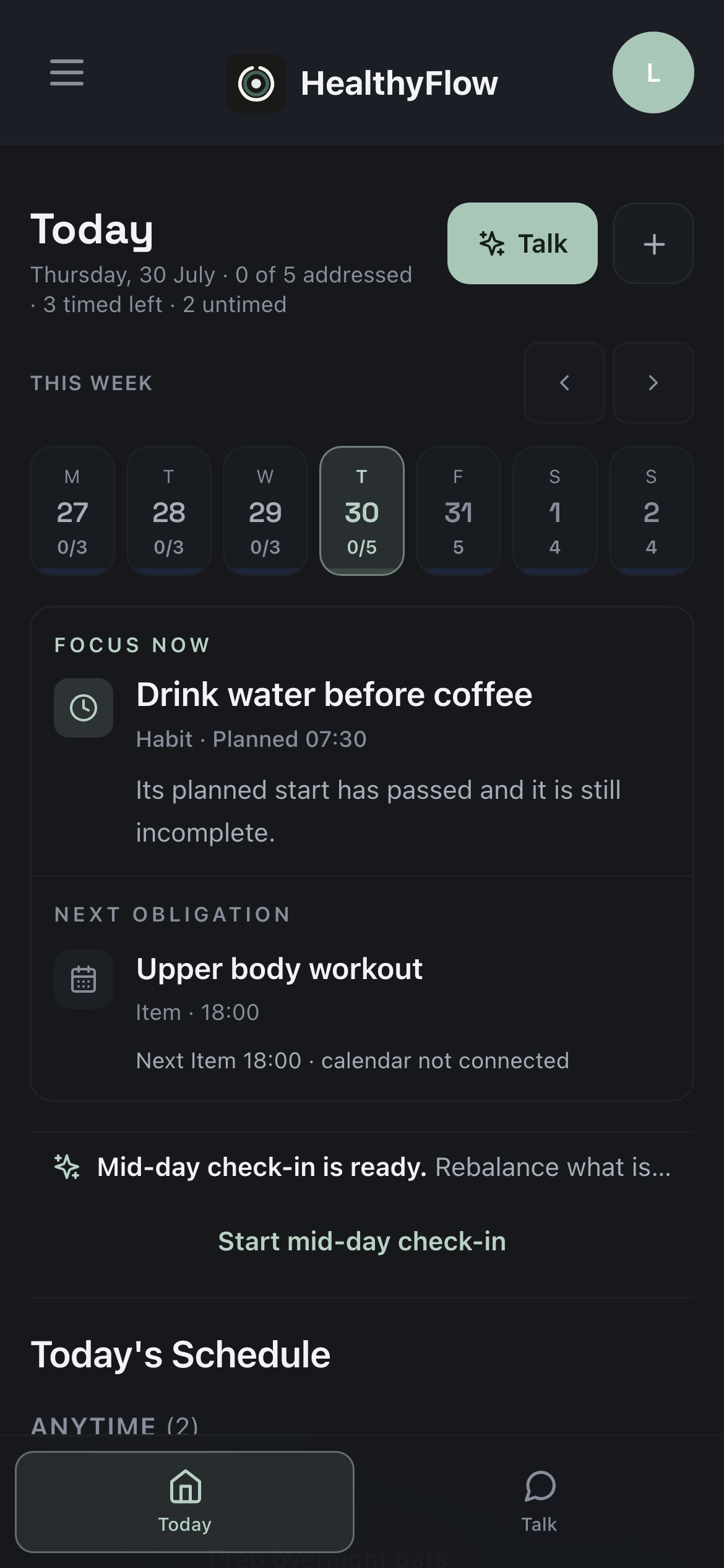 HealthyFlow Today view — one timeline holding tasks, habits, meals and workouts