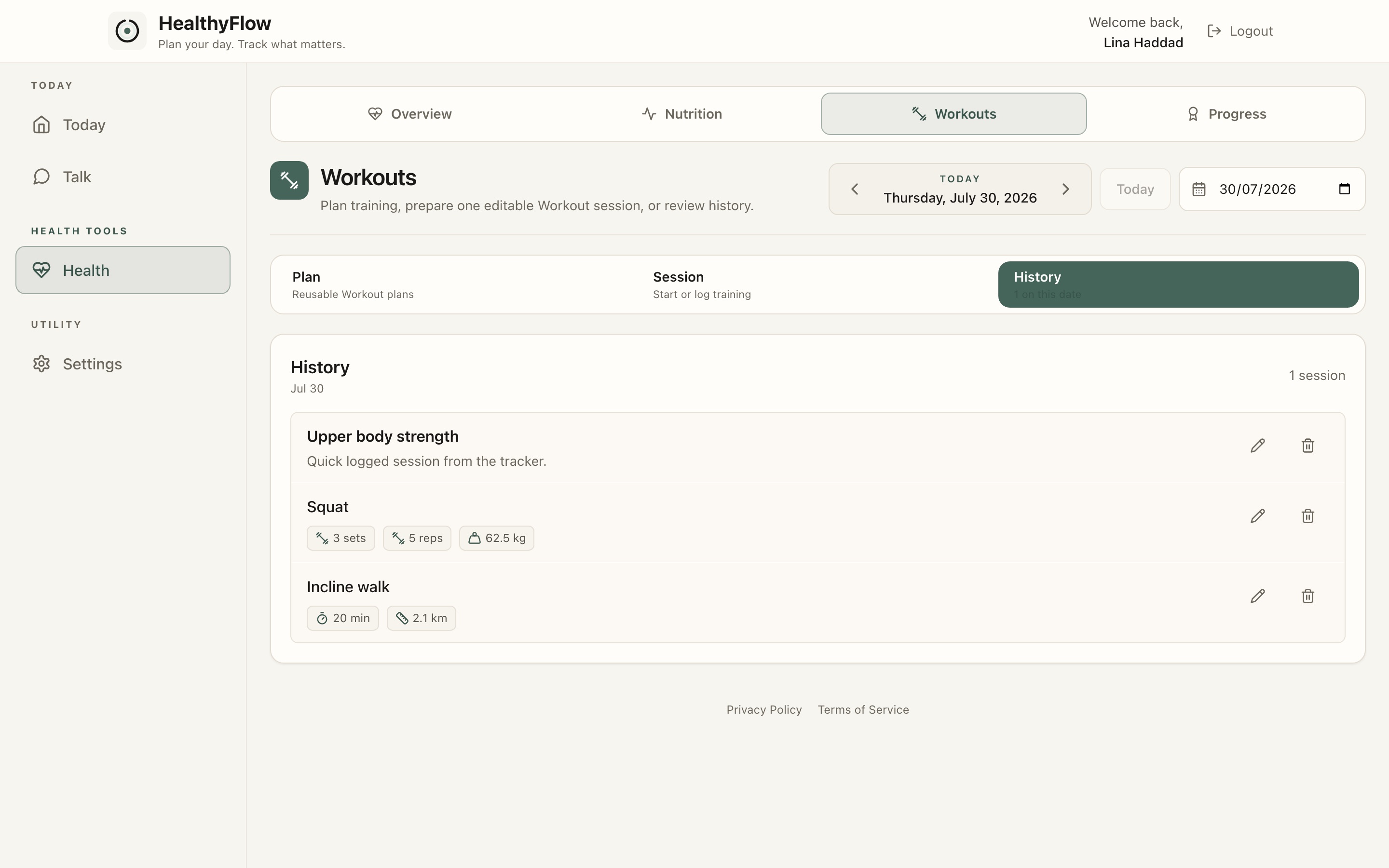 Workout tracker in HealthyFlow